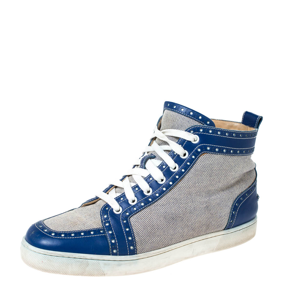Image of Christian Louboutin Blue/White Leather And Canvas Rantus Orlato High Top Sneakers Size