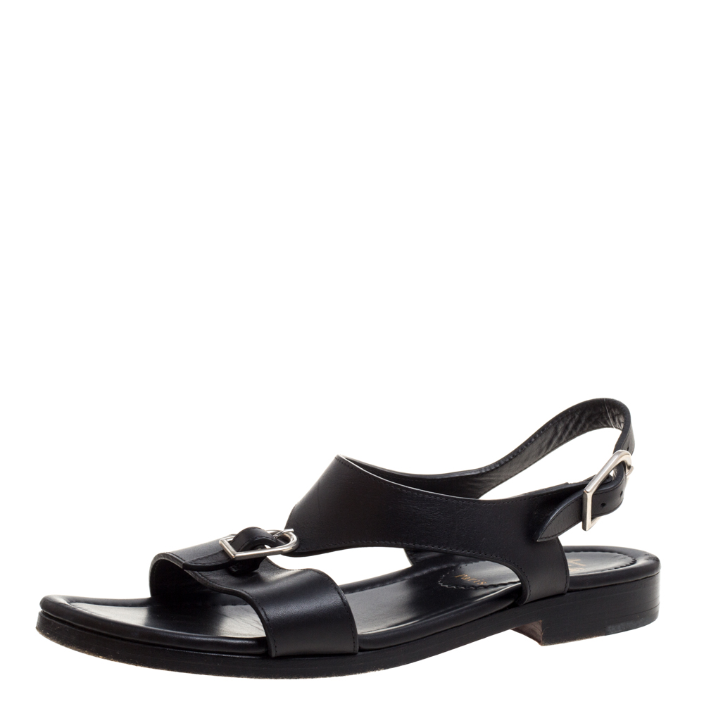 Image of Christian Louboutin Black Leather Don Giovanni Flat Sandals Size