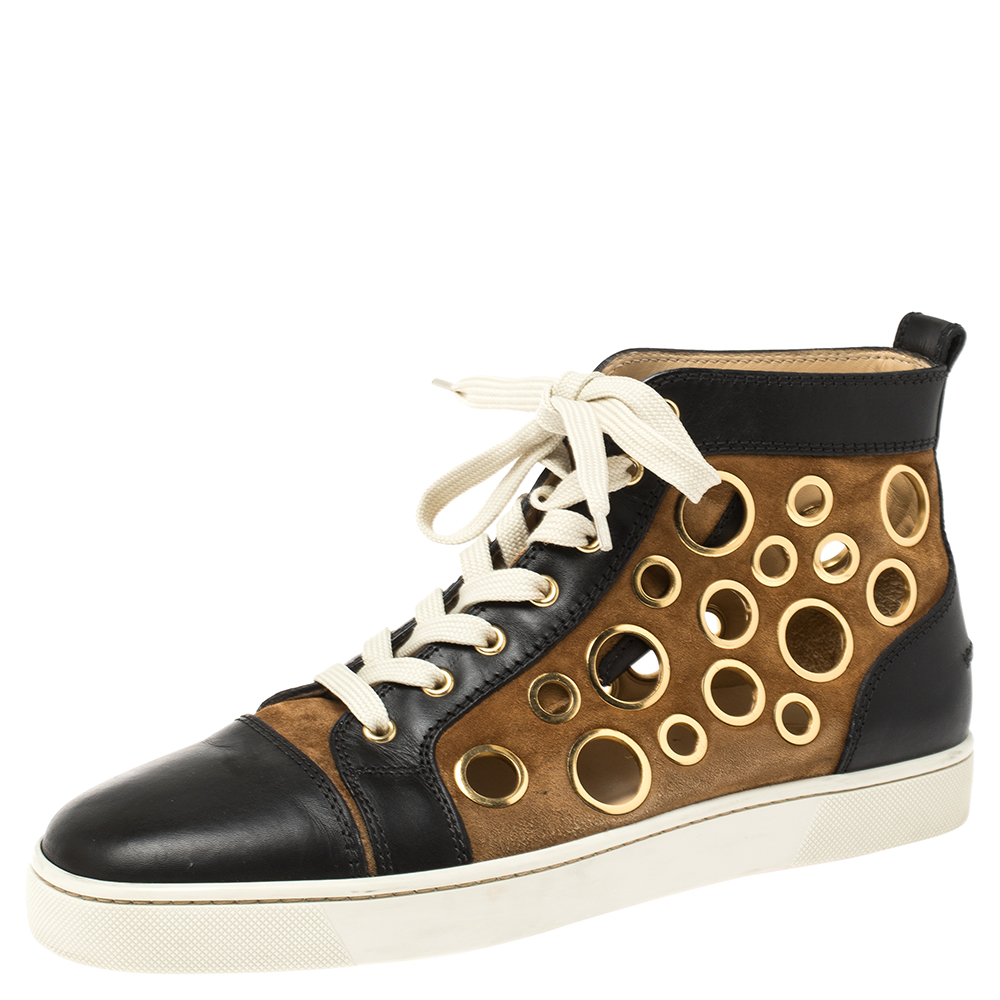 Image of Christian Louboutin Black/Brown Suede and Leather Bubble High-Top Sneakers Size .