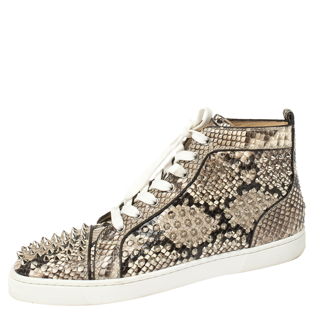 Image of Christian Louboutin Beige Spike Python Louis High Top Sneakers Size .