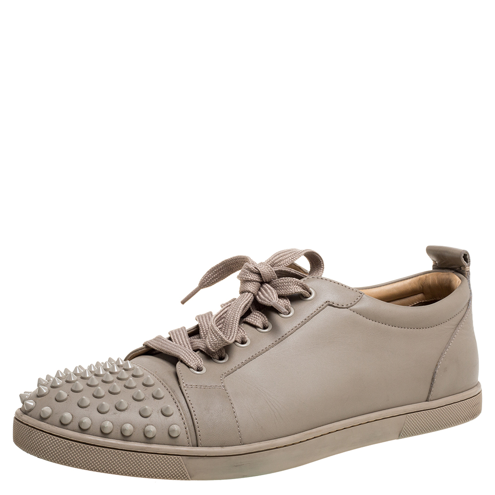 Image of Christian Louboutin Beige Leather Louis Junior Spikes Low Top Sneakers Size
