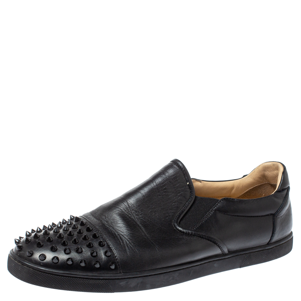 Image of Christian Louboutin Black Leather Nazapunta Slip On Sneakers Size