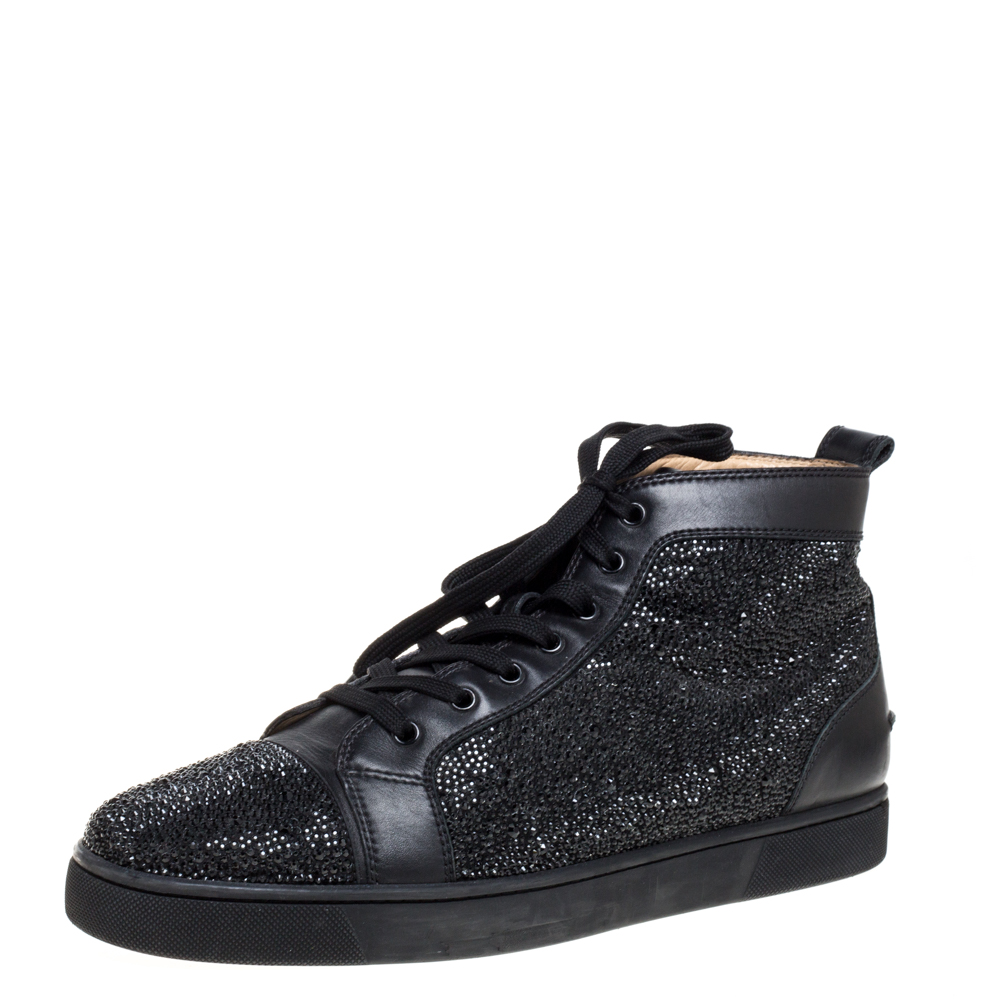 Image of Christian Louboutin Black Leather Louis Strass High Top Sneakers Size
