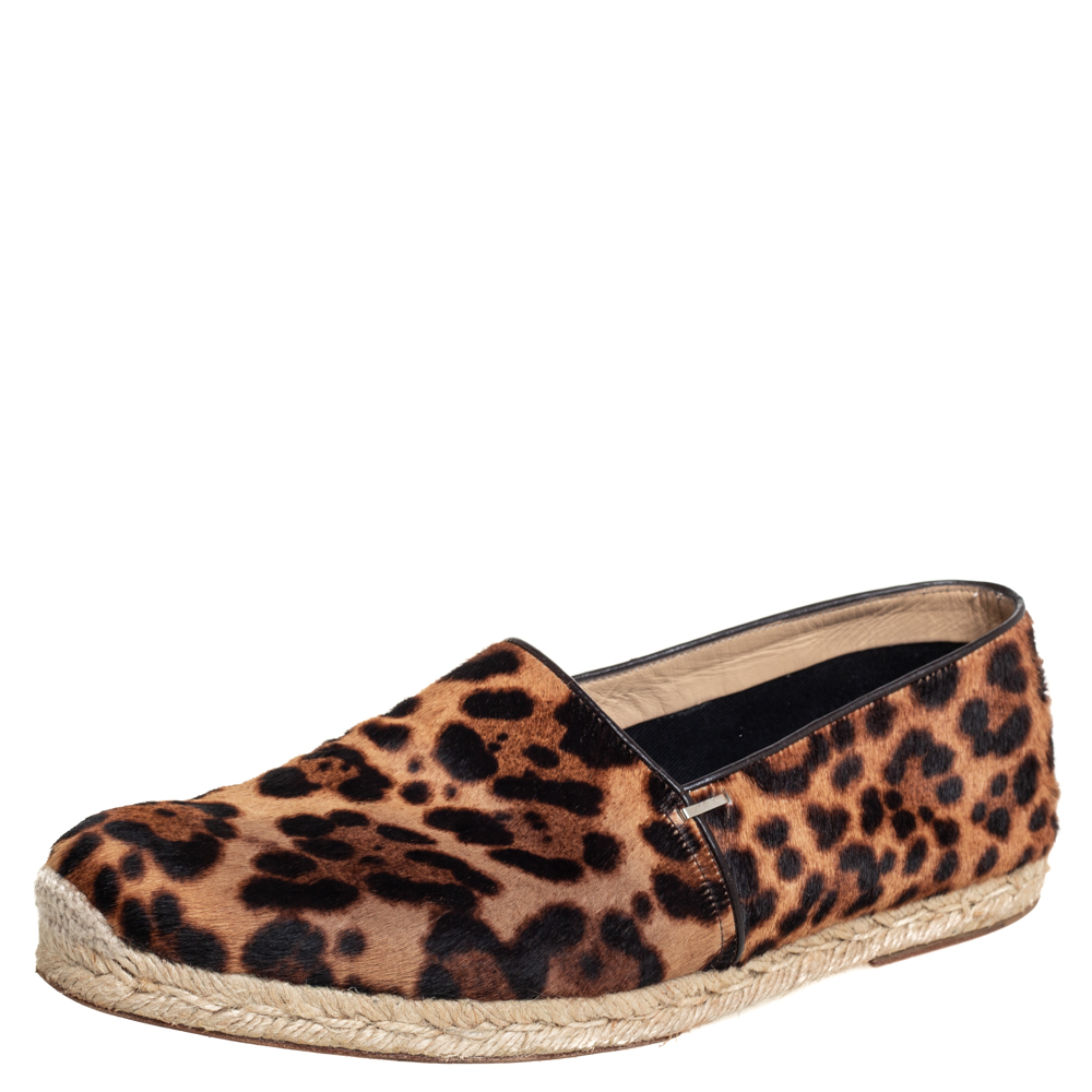 Christian louboutin brown/beige leopard print calf hair slip on espadrilles size 43