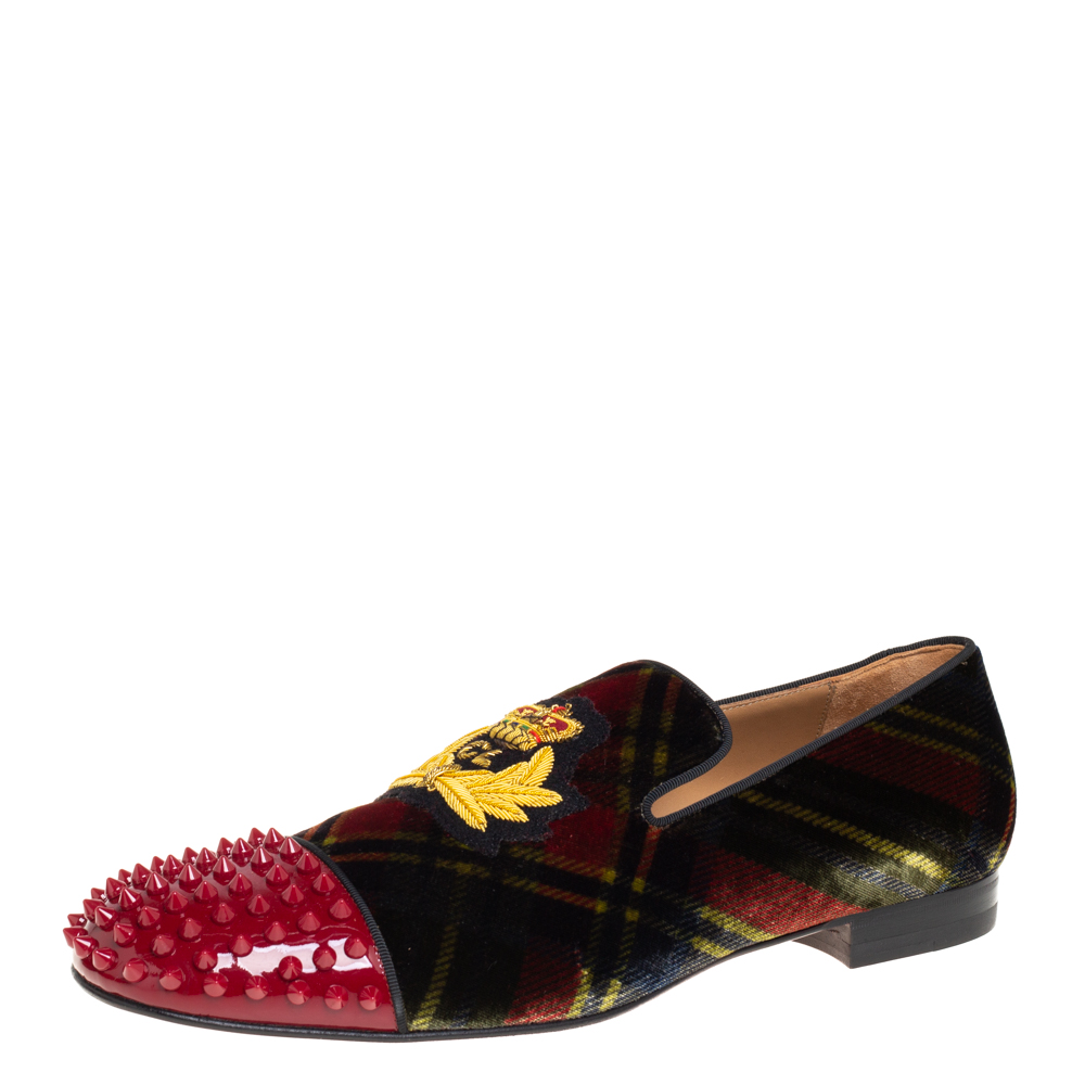 Christian Louboutin Multicolor Check Velvet And Patent Leather Harvanana Spike Smoking Slippers Size 44