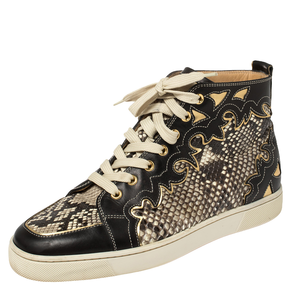 Christian Louboutin Black/Beige Leather And Python Rantus Orlato High Top Sneakers Size 41