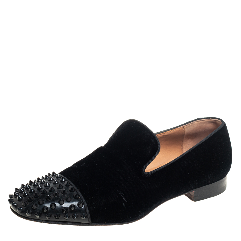 Christian Louboutin black velvet spooky spiked toe cap smoking slippers size 42