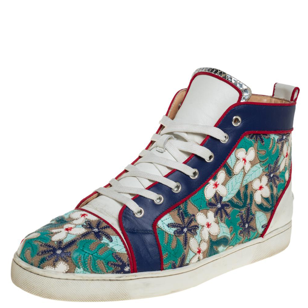 Christian Louboutin Multicolor Embroidered Suede and Leather Louis Patch High Top Sneakers Size 45