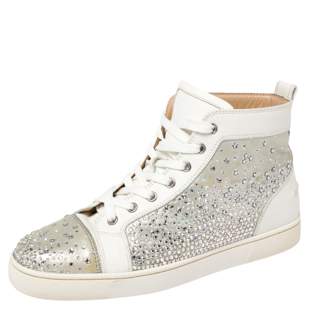 Christian Louboutin Silver/White Leather Rantus Crystal Embellished High Top Sneakers Size 41
