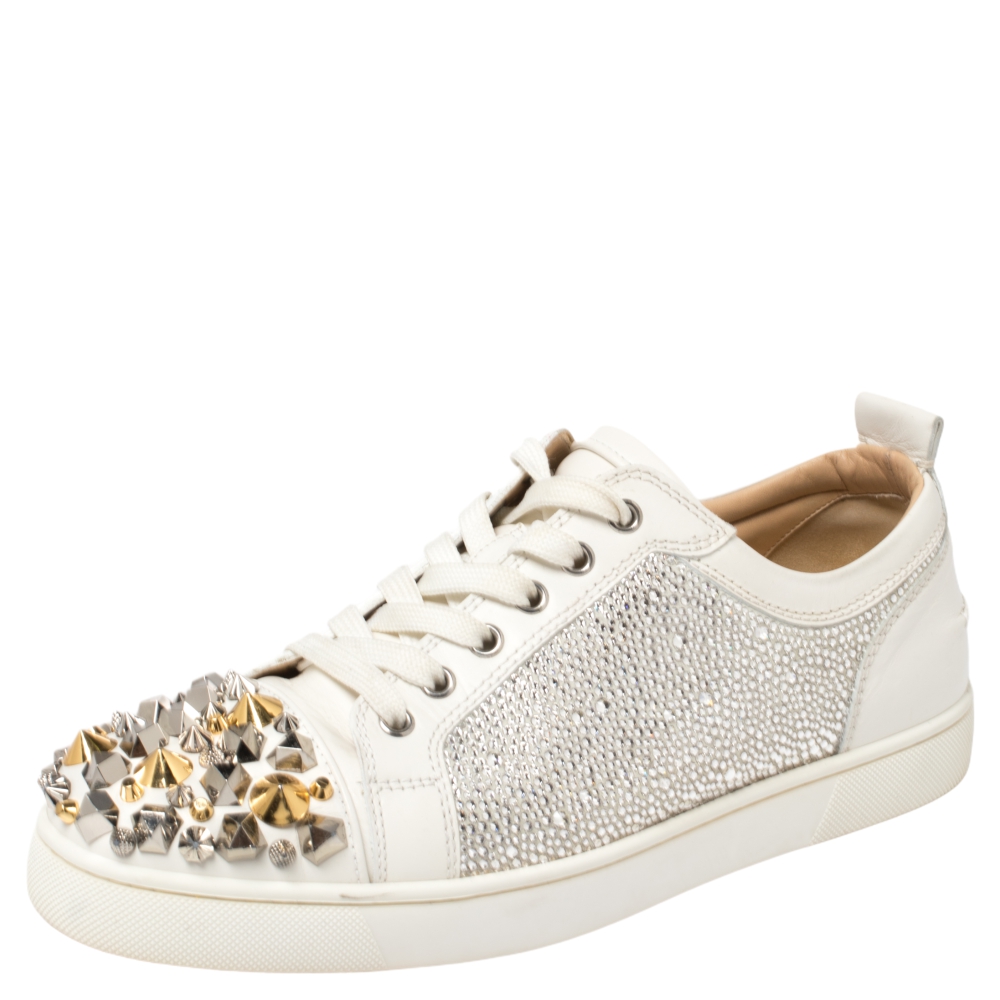 Christian Louboutin White Leather Louis Junior Mix Spikes And Crystal Embellished Sneakers Size 41.5