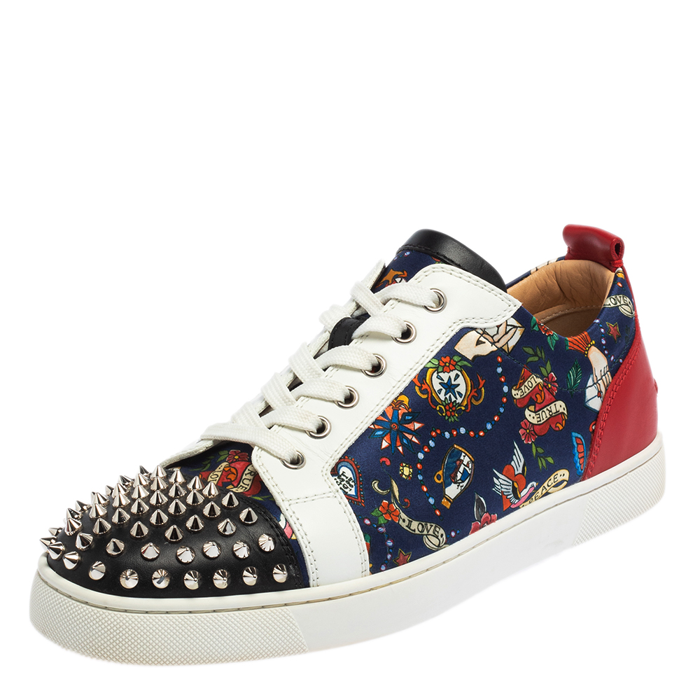 Christian Louboutin Multicolor Floral Print Satin and Leather Louis Spike Junior Low Top Sneakers Size 42