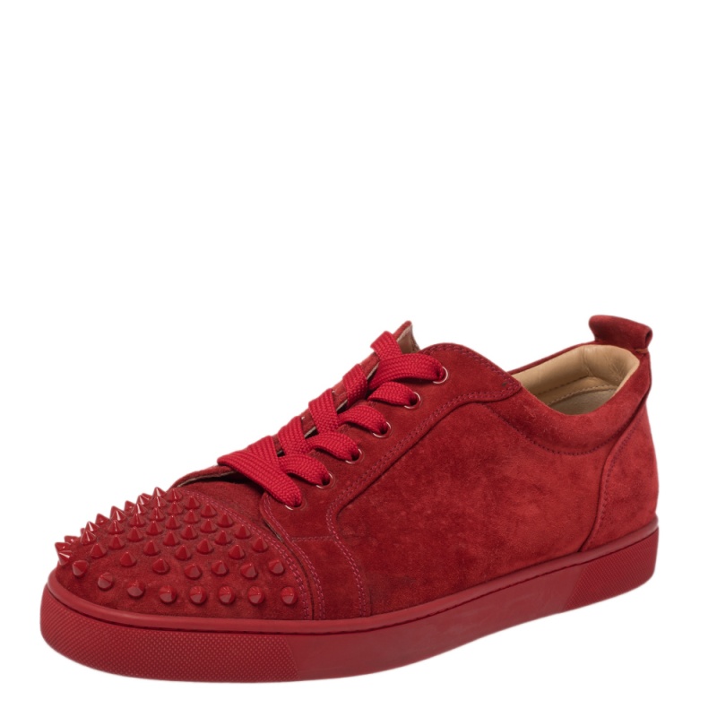 Christian Louboutin Red Suede Louis Junior Spike Low Top Sneakers Size 44.5