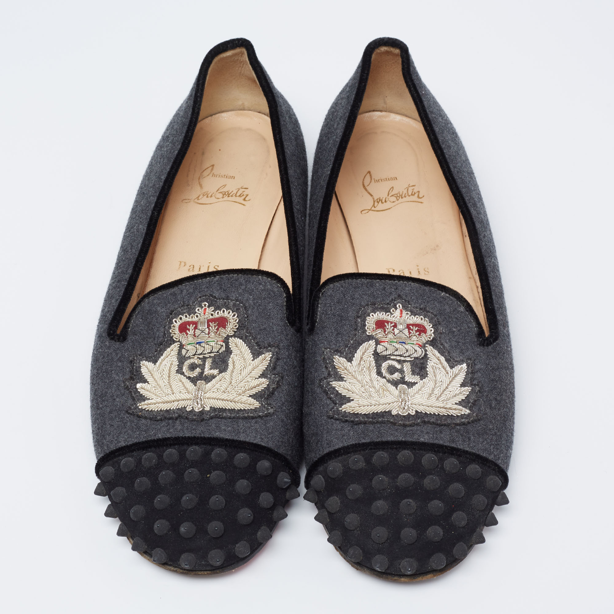 Christian Louboutin Grey/Black Wool And Suede Harvanana Spiked Cap-Toe Smoking Slippers Size 41