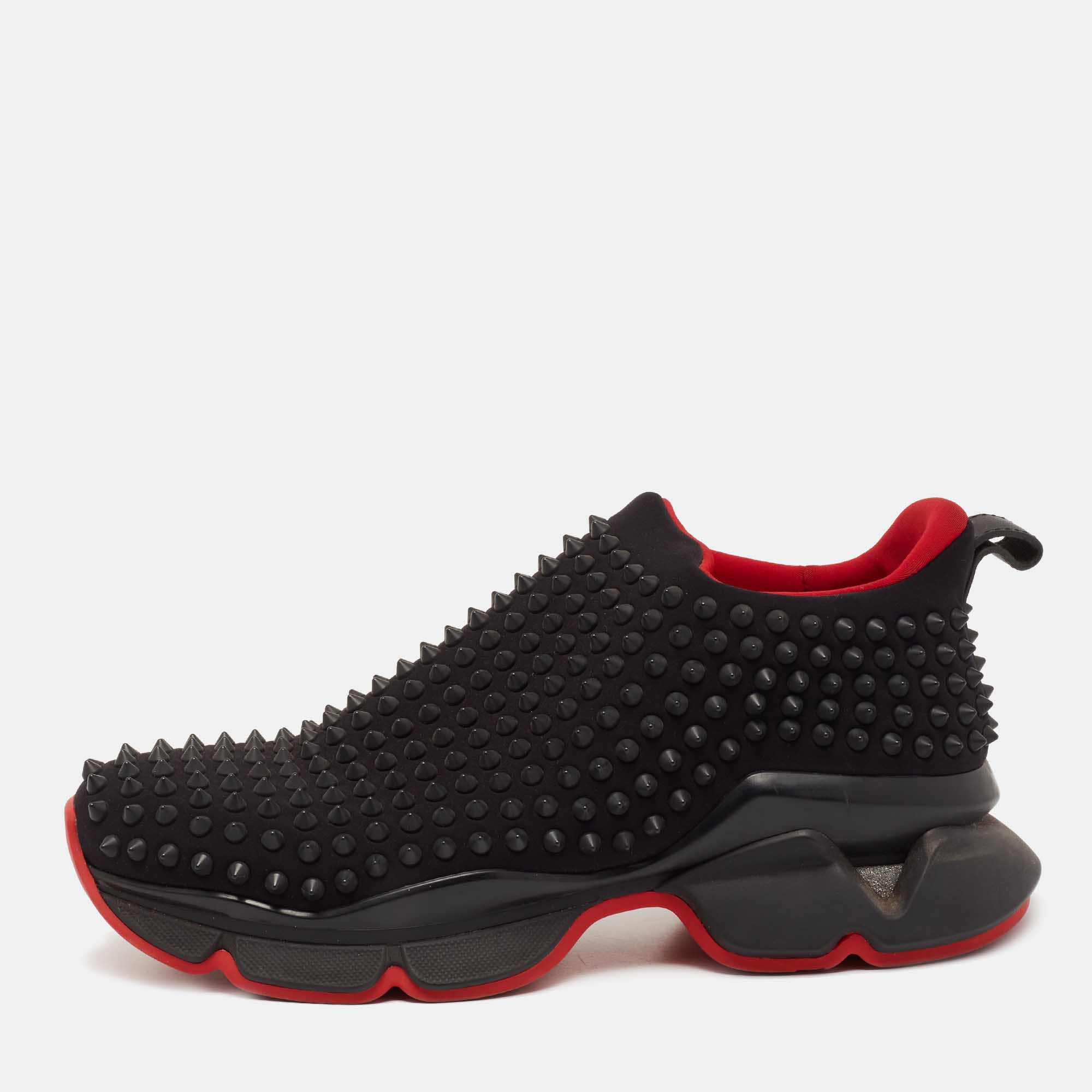 Christian louboutin black stretch fabric spike sock slip on platform sneakers size 40.5