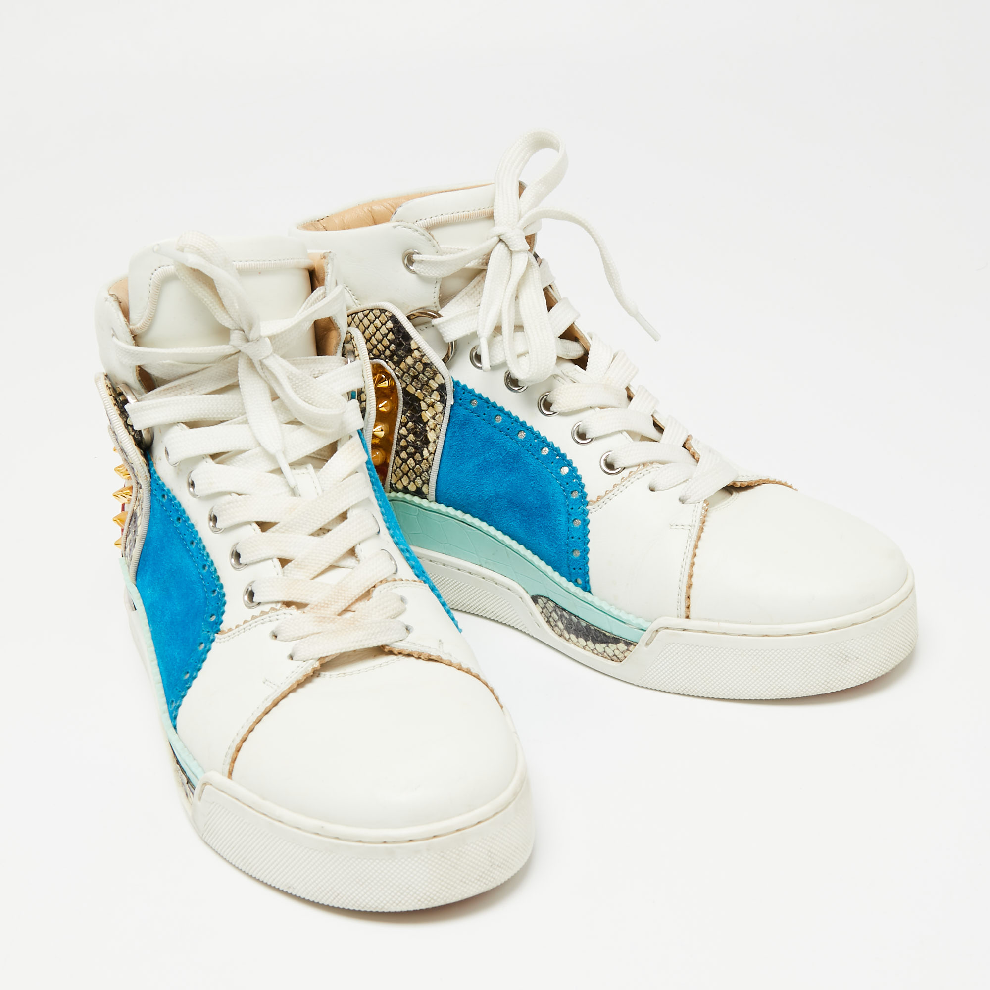 Christian Louboutin Multicolor Leather And Python Embossed Louboukick High Top Sneakers Size 40