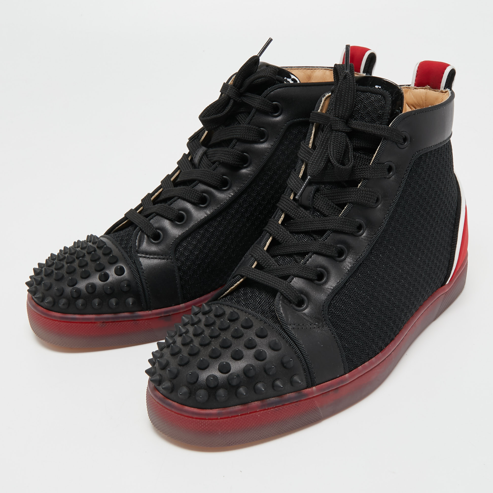 

Christian Louboutin Black/Red Leather, Mesh and Neoprene Louis Spikes Orlato Sneakers Size
