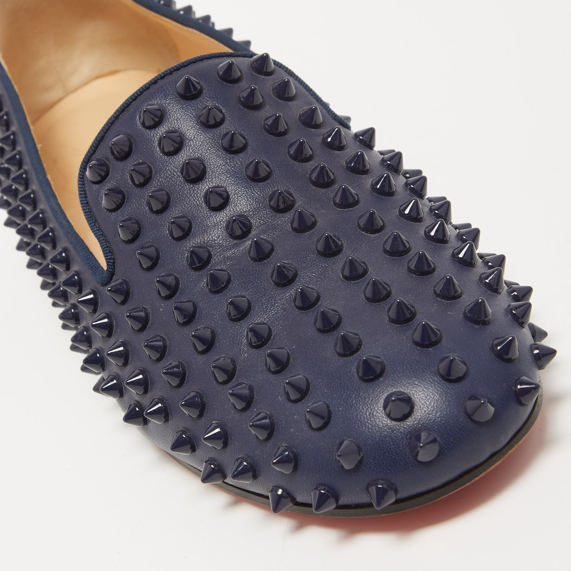 Christian Louboutin Navy Blue Leather Dandelion Spike Slip On Loafers Size 41