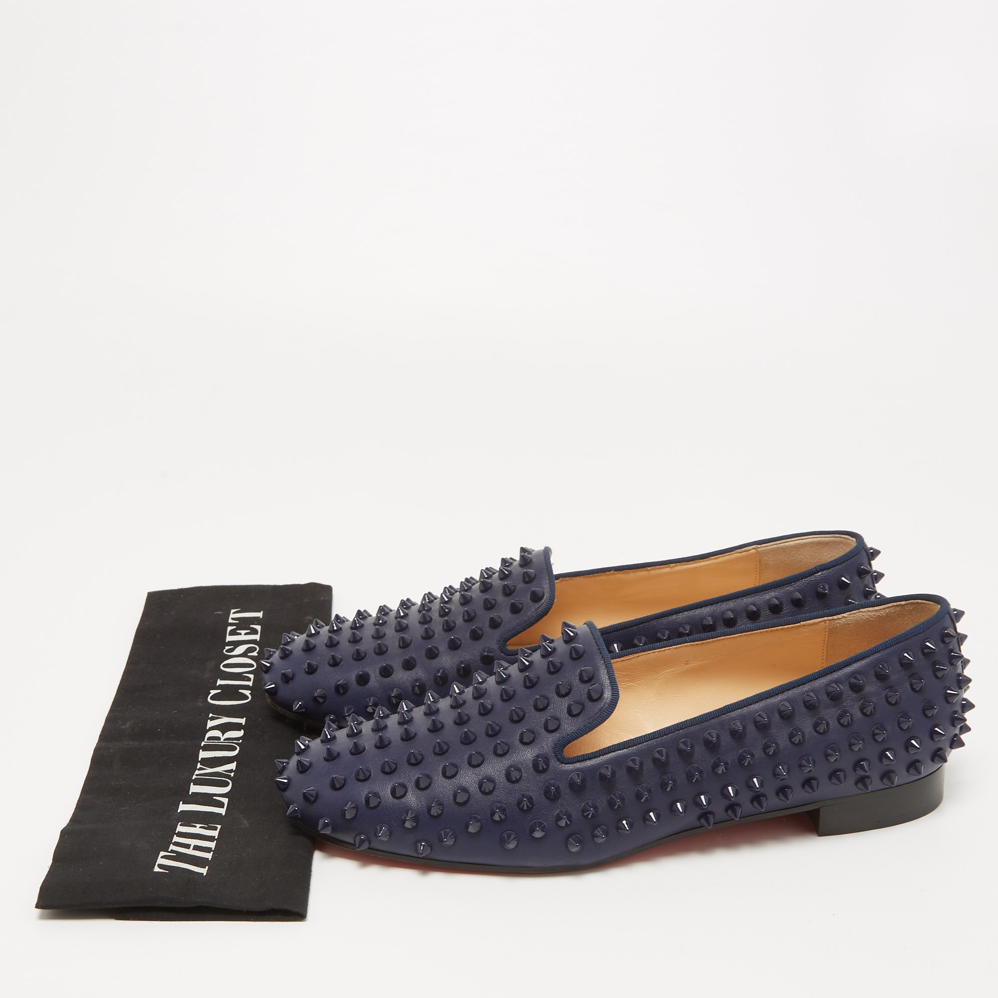 Christian Louboutin Navy Blue Leather Dandelion Spike Slip On Loafers Size 41