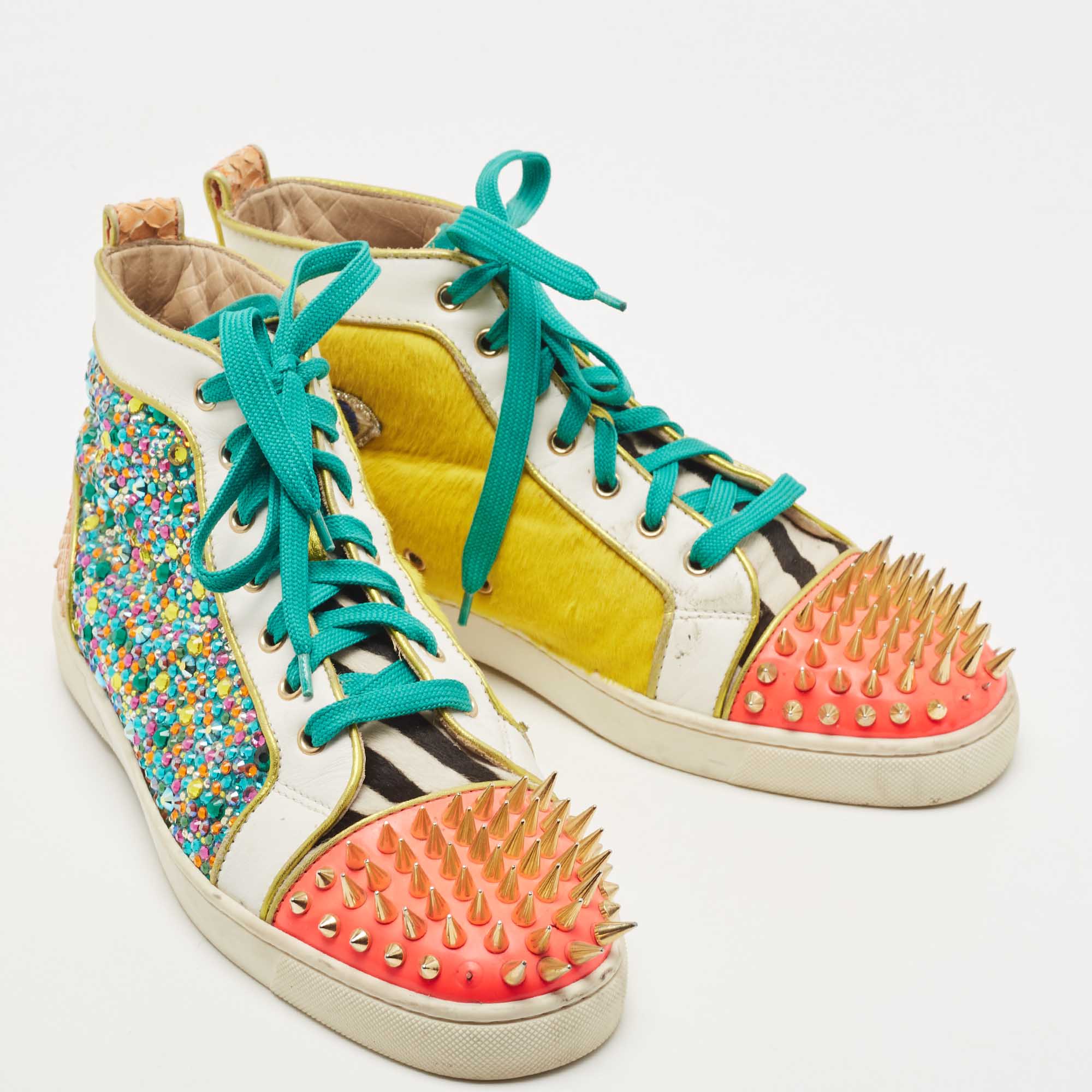Christian Louboutin Multicolor Crystal Embellished Suede, Calf Hair And Patent Leather No Limit Spikes Sneakers Size 43