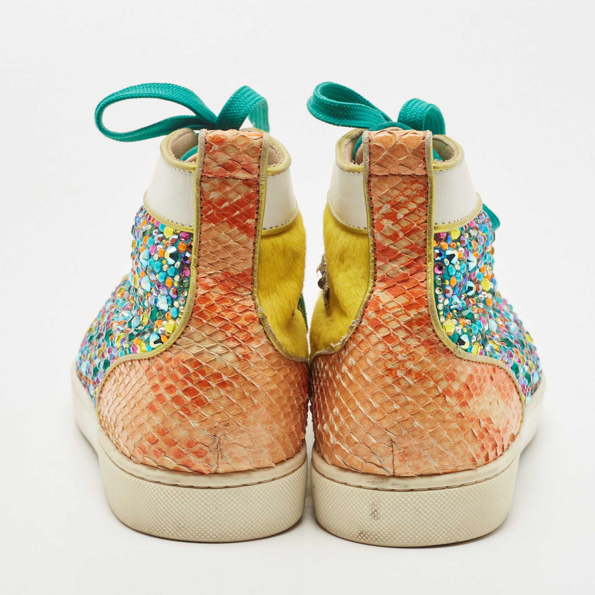 Christian Louboutin Multicolor Crystal Embellished Suede, Calf Hair And Patent Leather No Limit Spikes Sneakers Size 43