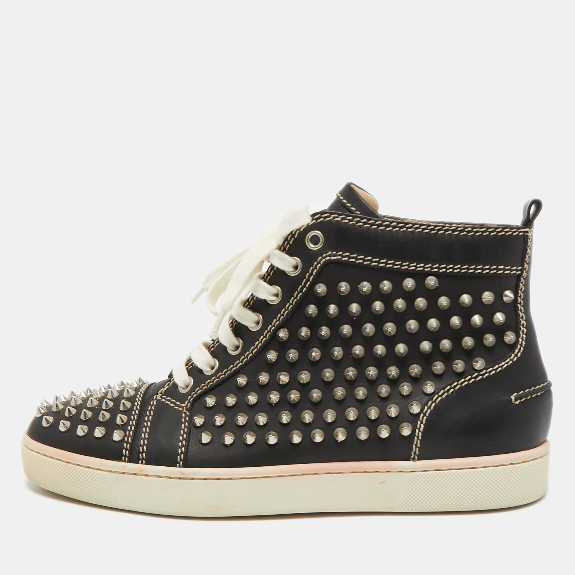Christian Louboutin Black Leather Louis Spikes High Top Sneakers Size 40