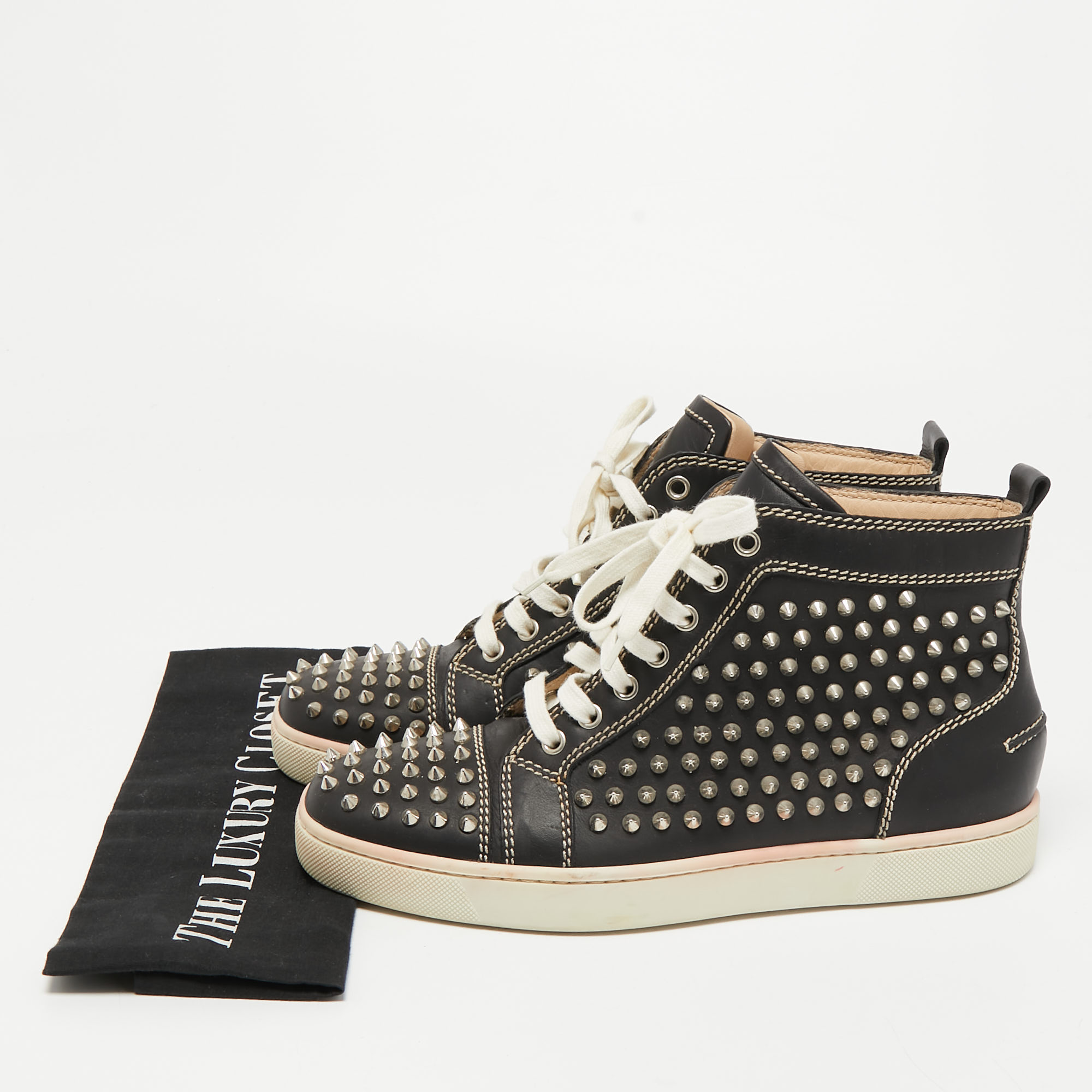 Christian Louboutin Black Leather Louis Spikes High Top Sneakers Size 40
