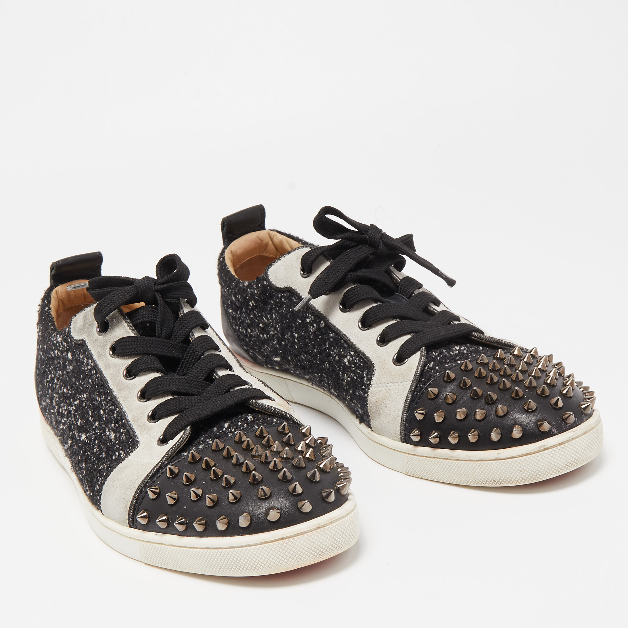 Christian Louboutin Tricolor Leather And Fabric Louis Junior Spikes Low Top Sneakers Size 43.5