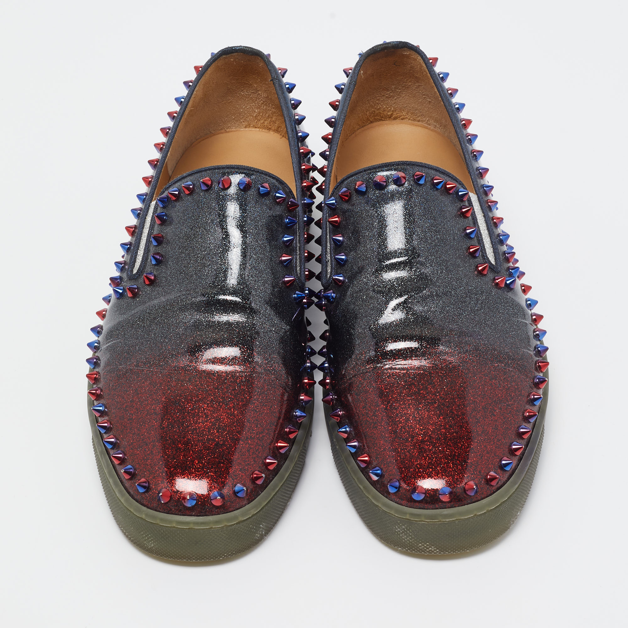 Christian Louboutin Multicolor Glitter Patent Leather Spike Pik Boat Slip On Sneakers Size 42.5