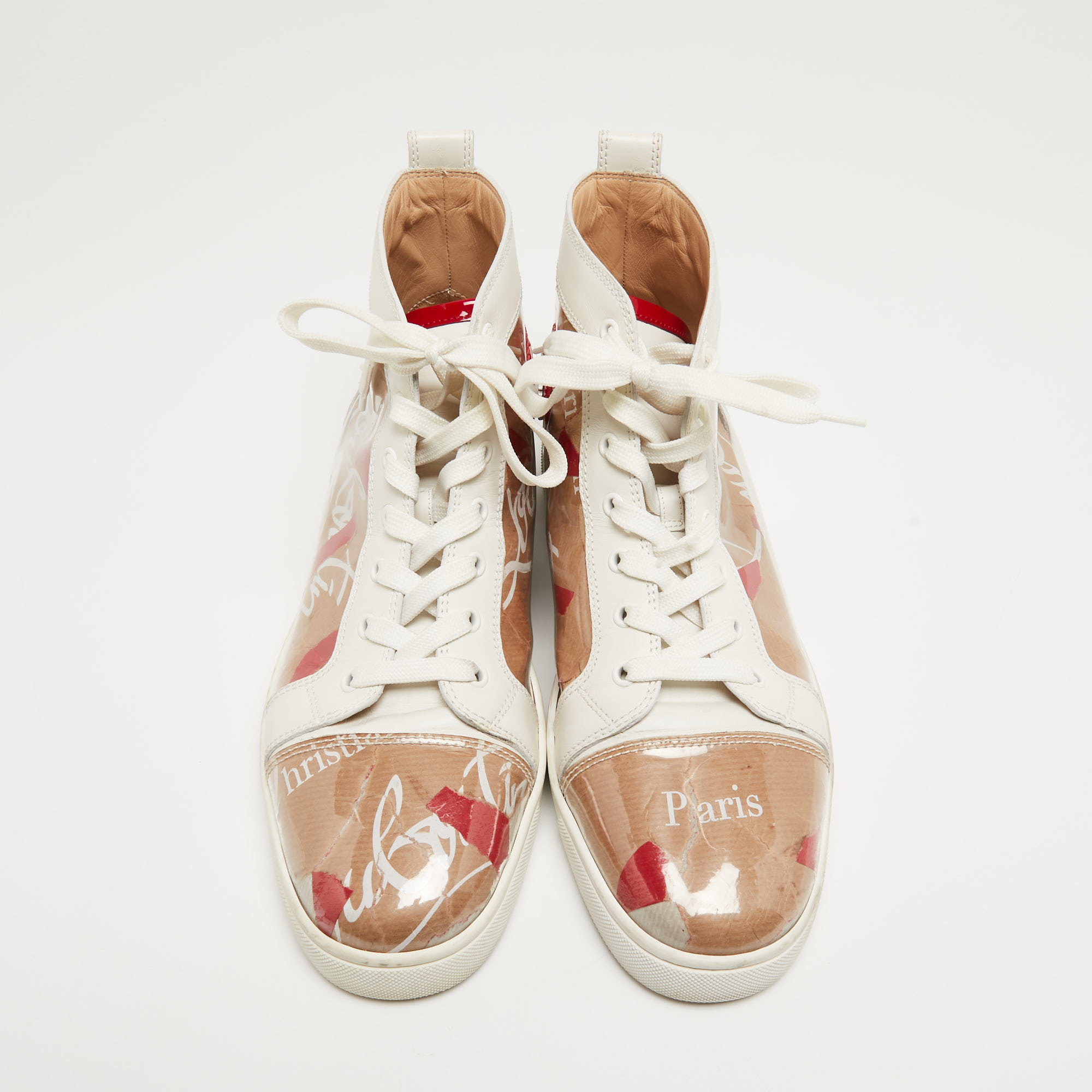 Christian Louboutin White/Transparent PVC And Leather Louis Orlato High Top Sneakers Size 44.5