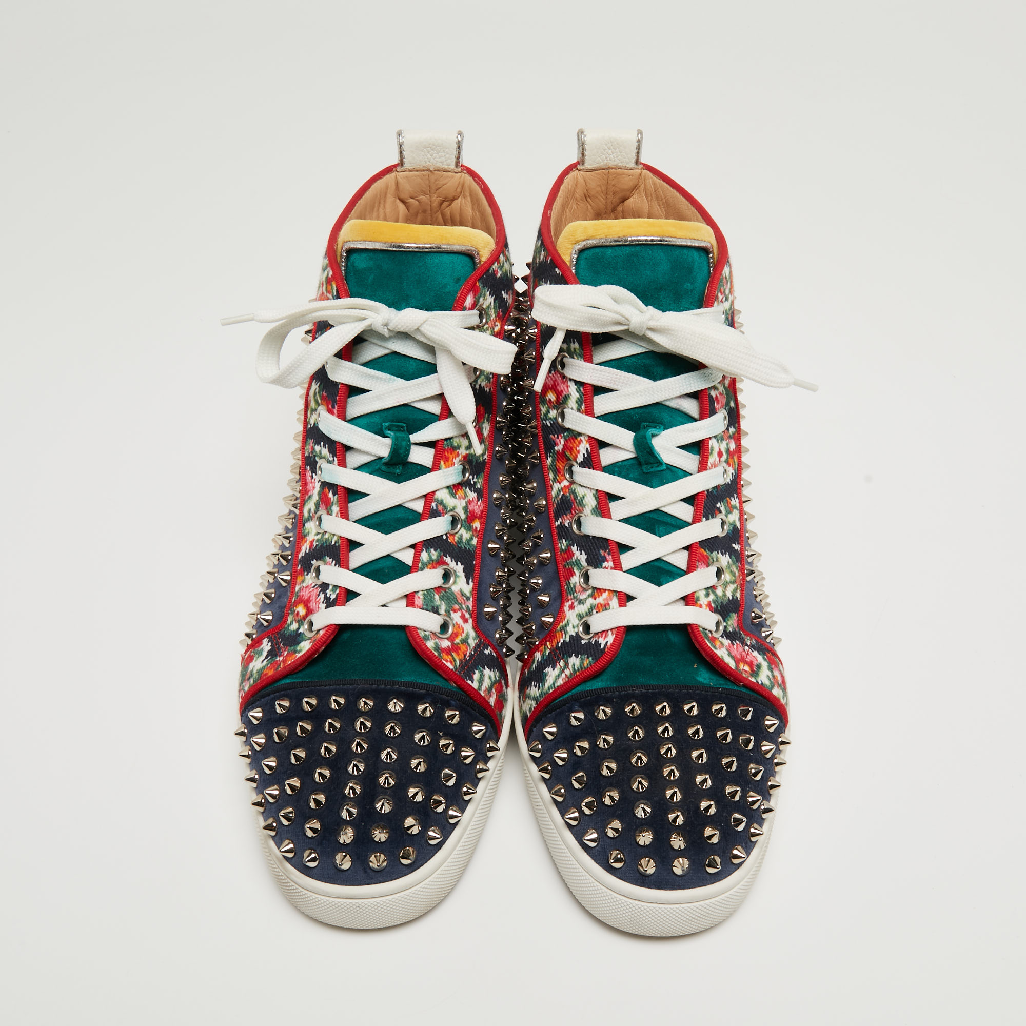 Christian Louboutin Tricolor Leather And Fabric Louis Spikes High-Top Sneakers Size 44.5