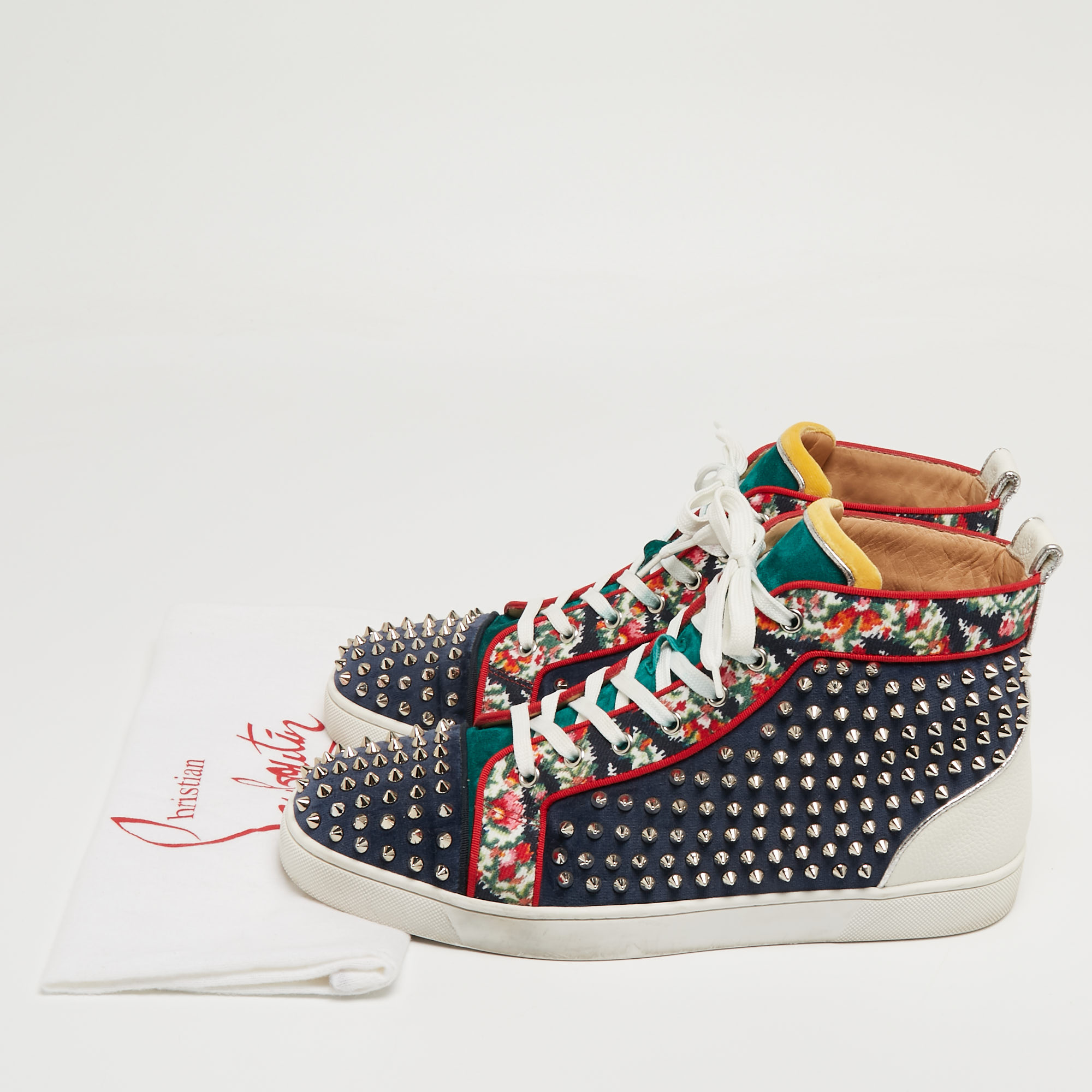 Christian Louboutin Tricolor Leather And Fabric Louis Spikes High-Top Sneakers Size 44.5