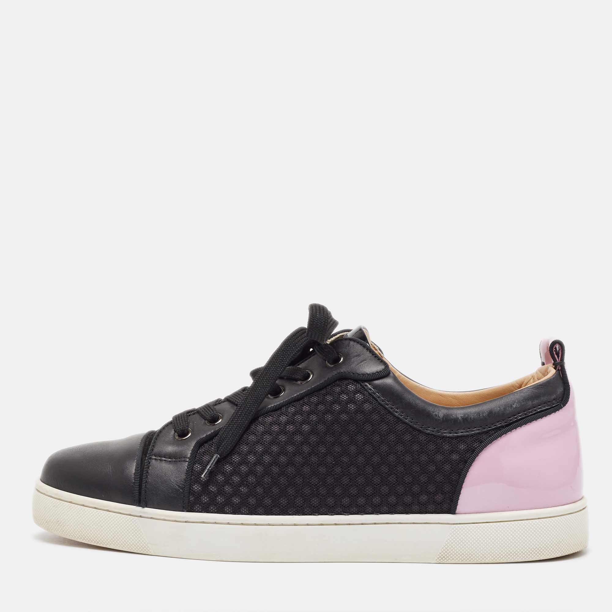Christian Louboutin Black/Pink Patent And Mesh Low Top Sneakers Size 44