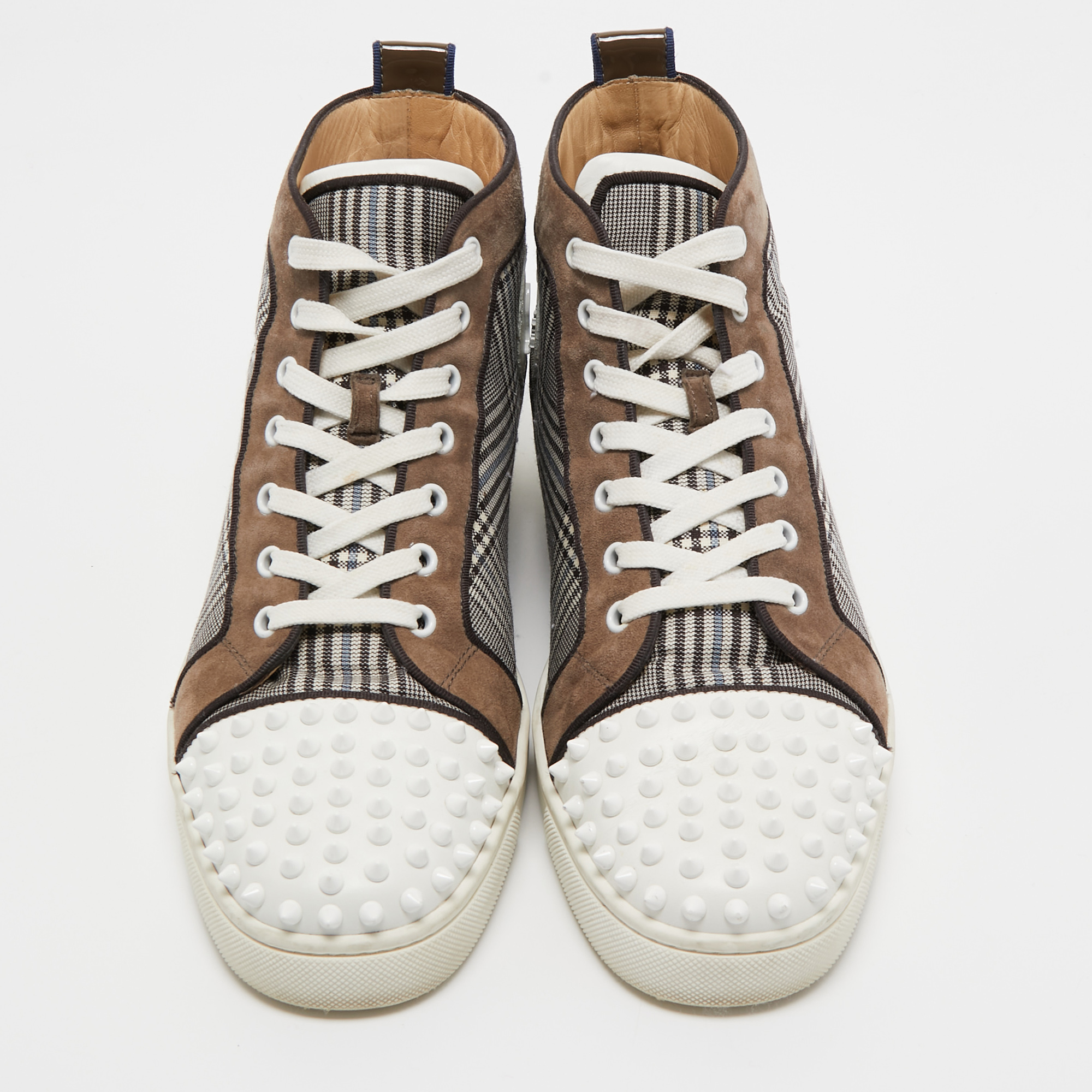 Christian Louboutin Multicolor Check Fabric And Leather Louis Spike High Top Sneakers Size 42.5