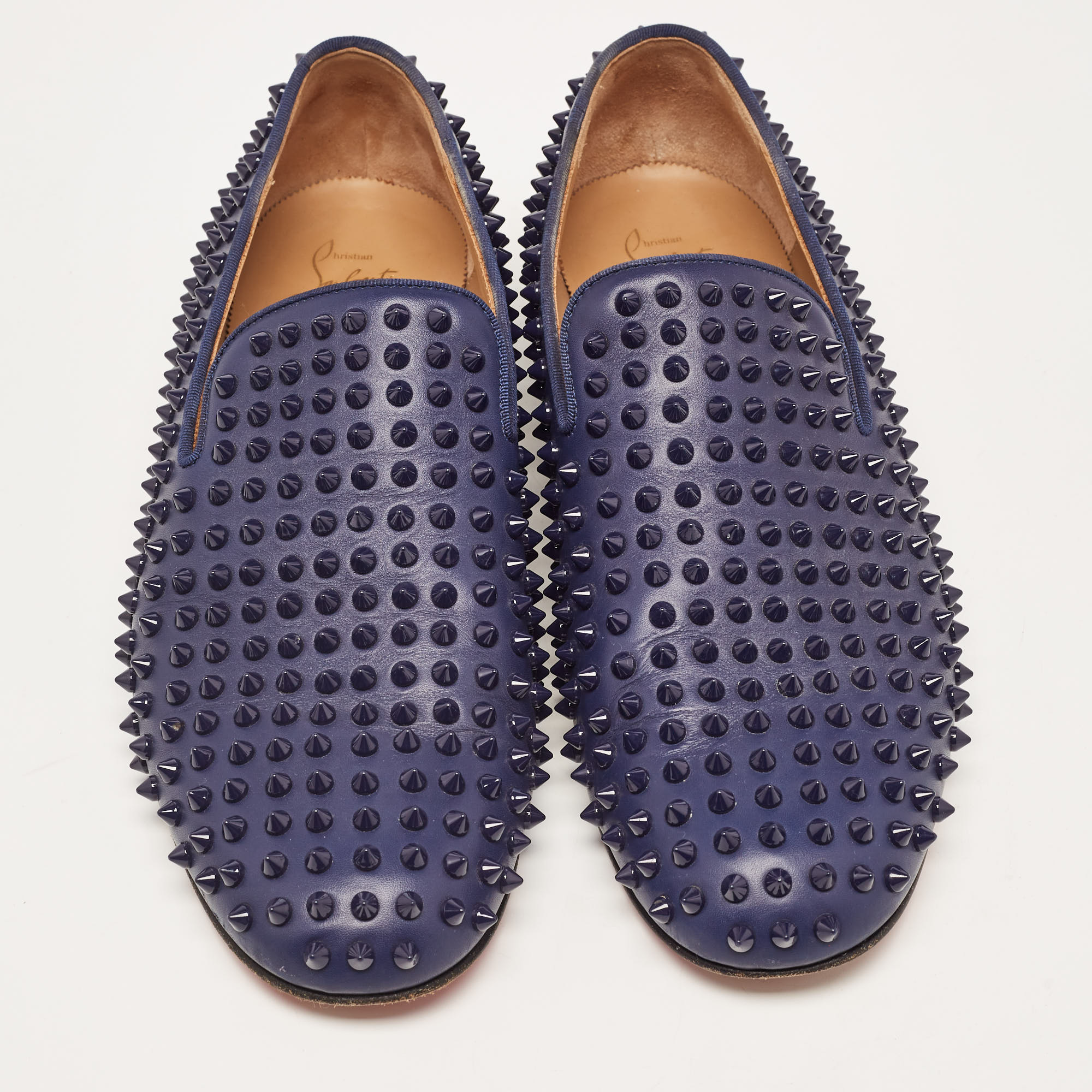 Christian Louboutin Navy Blue Leather Dandelion Spike Smoking Slippers Size 42.5