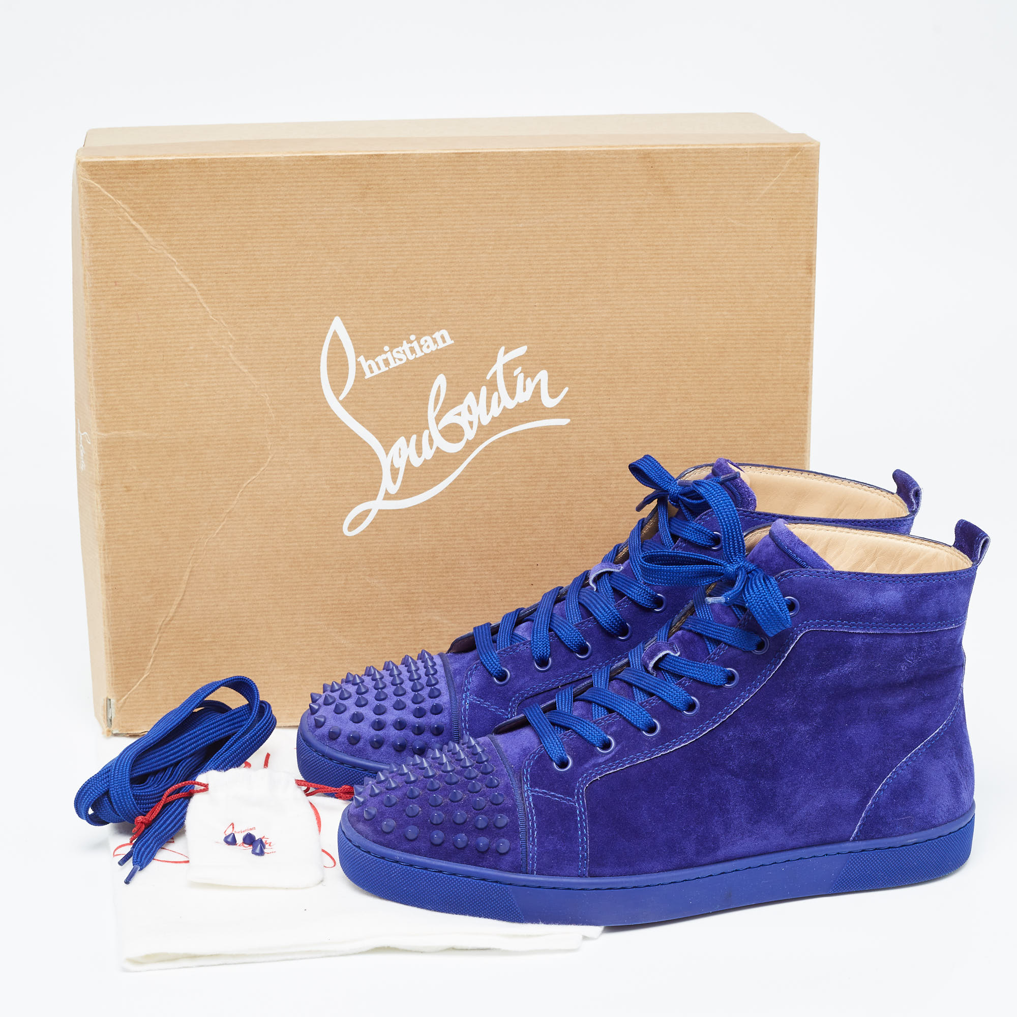 Christian Louboutin Blue Suede Lou Spikes High Top Sneakers Size 45