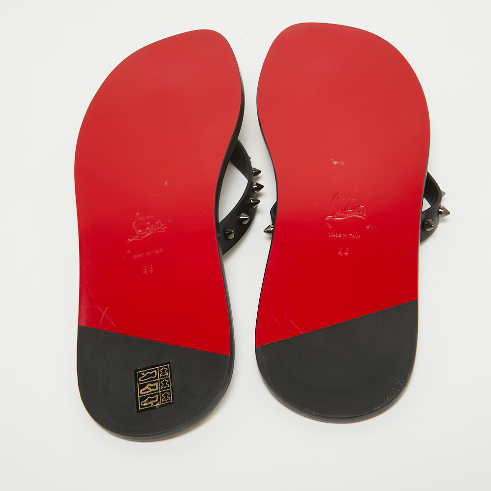 Christian Louboutin Black Leather Loubi Flip Spikes Thong Flat Slides Size 44