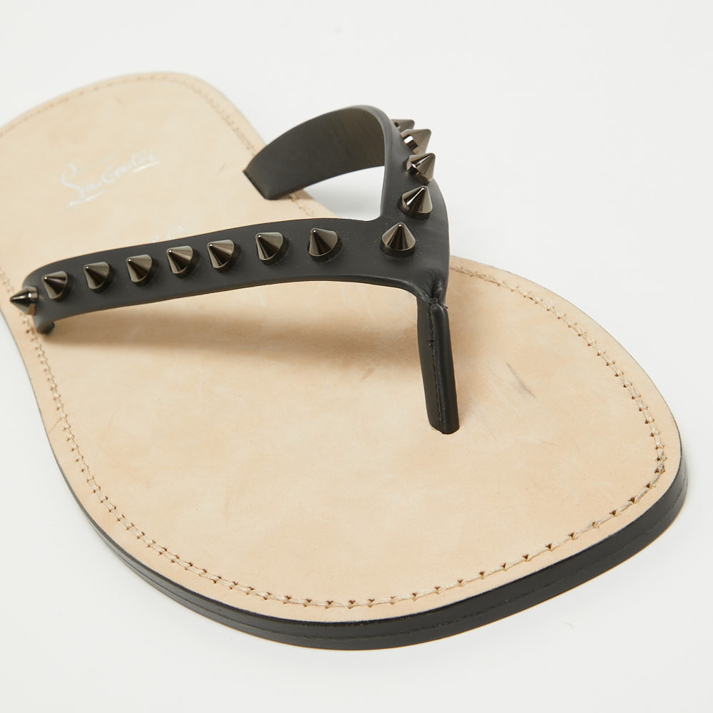 Christian Louboutin Black Leather Loubi Flip Spikes Thong Flat Slides Size 44