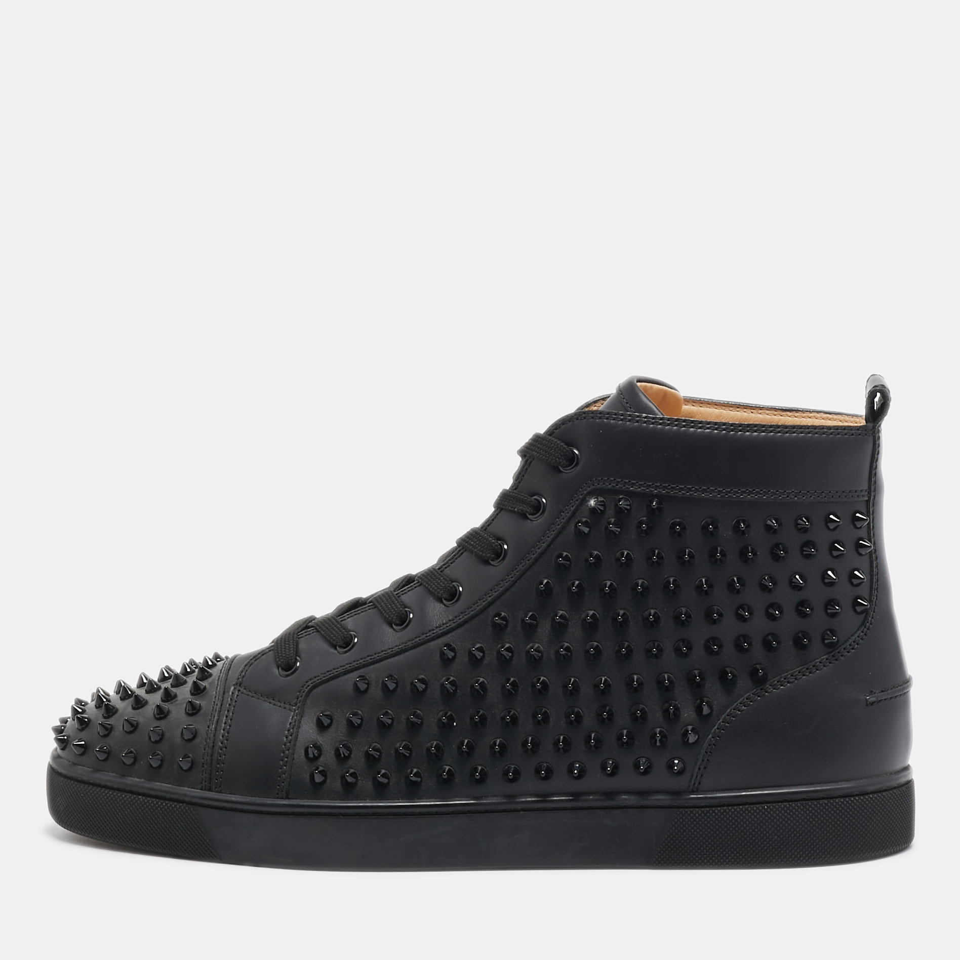 Christian Louboutin Louis Black Leather Spike Cap Toe High Top Sneakers Size 48