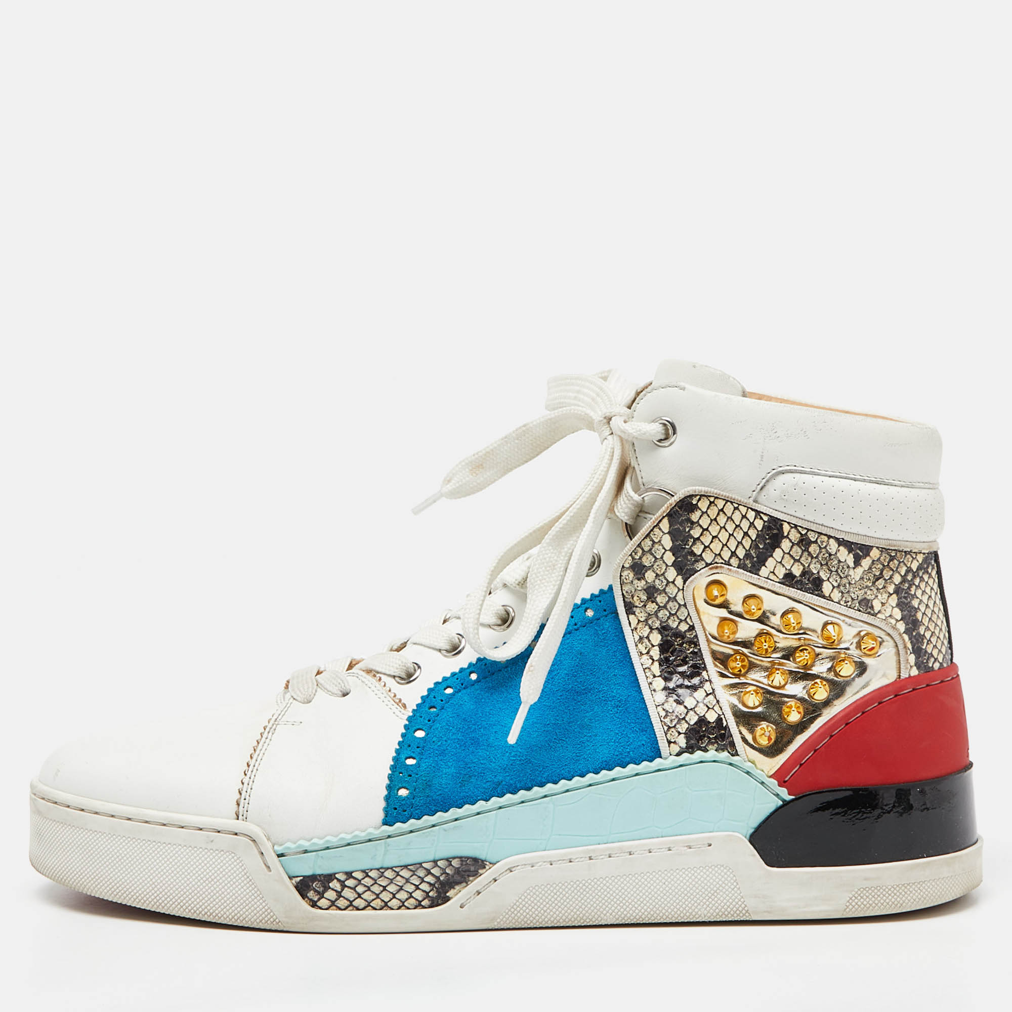 Christian louboutin multicolor suede and python leather loubikick high top sneakers size 44.5