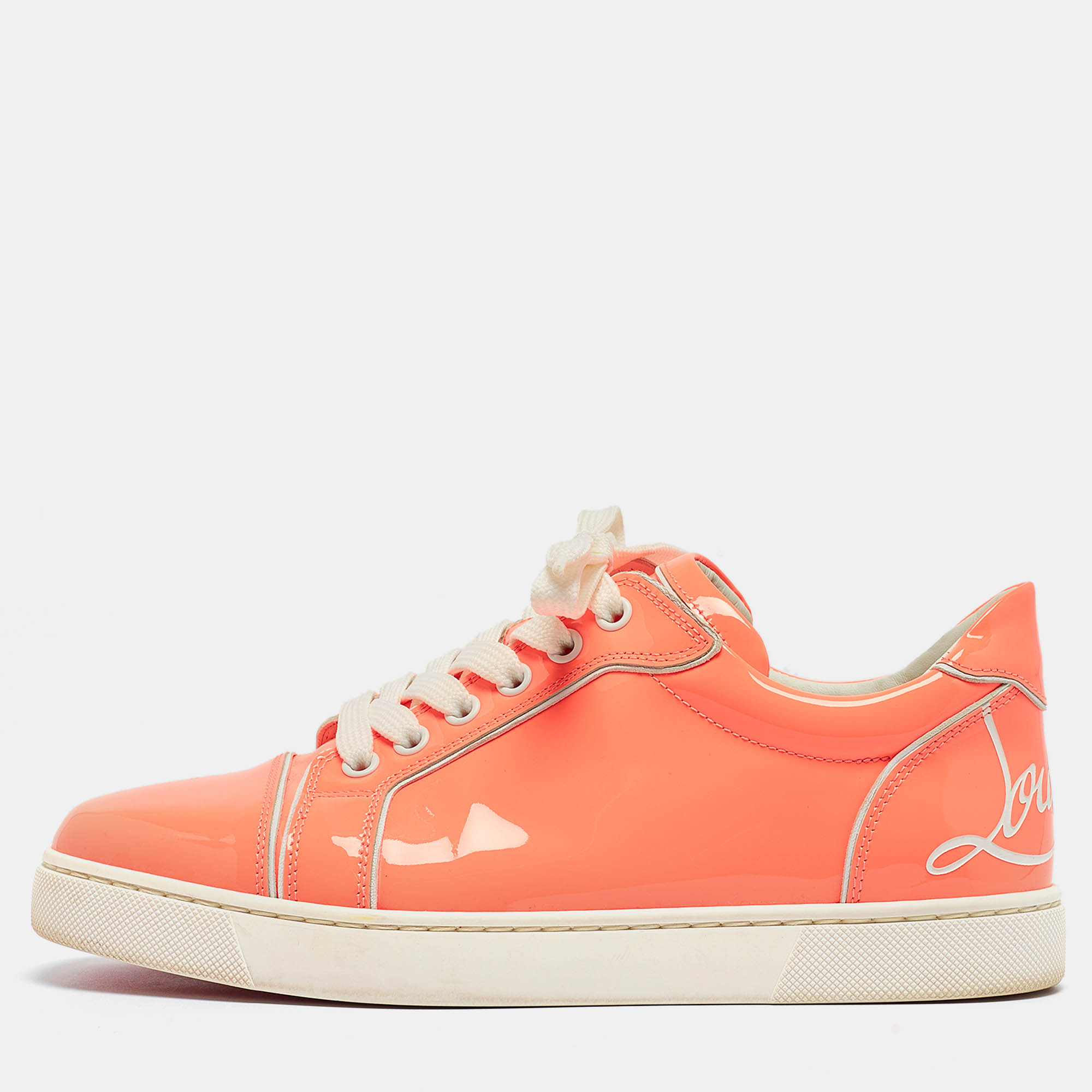 Christian louboutin neon peach patent leather louis junior low top sneakers size 38.5