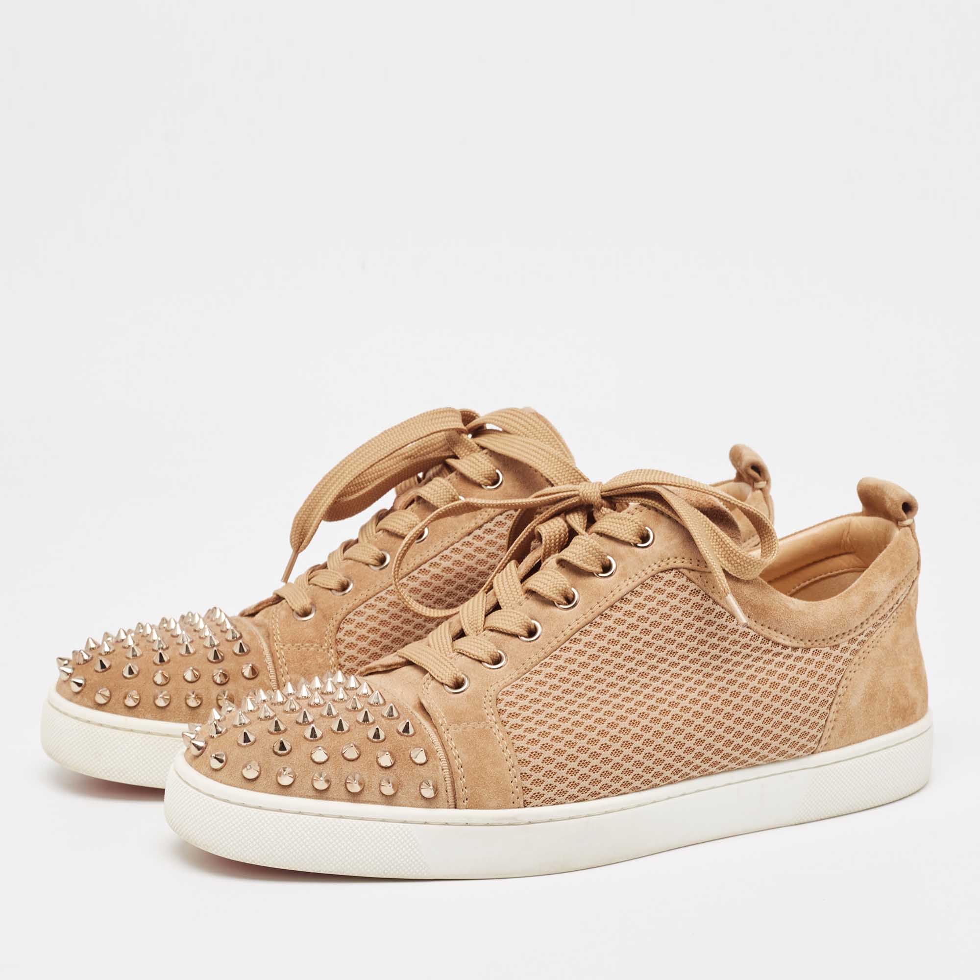 Christian Louboutin Brown Suede And Mesh Lou Spikes Sneakers Size 44.5