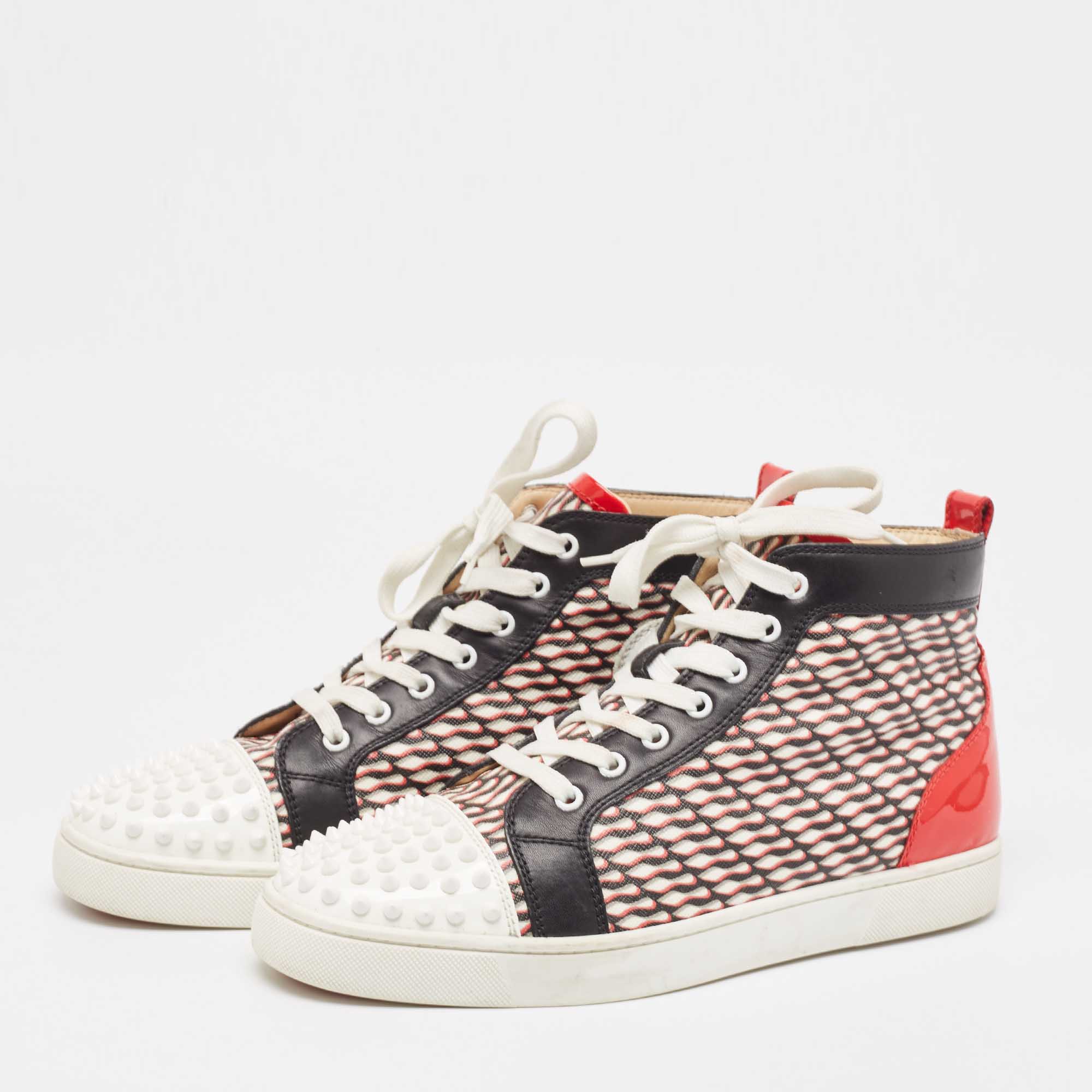 Christian Louboutin Patent Leather And Canvas Lou  Spikes Orlato High Top Sneakers Size 42.5