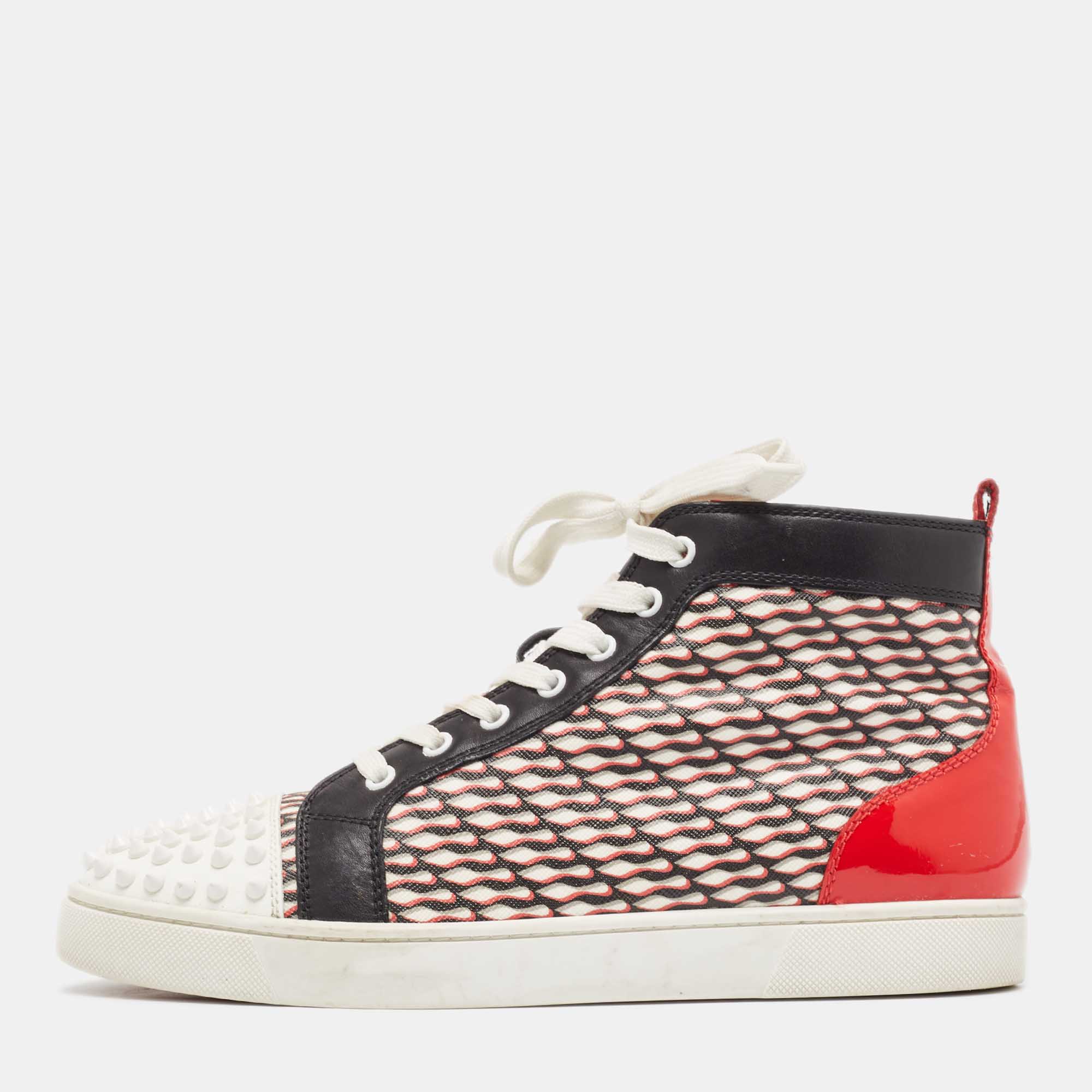 Christian louboutin patent leather and canvas lou  spikes orlato high top sneakers size 42.5