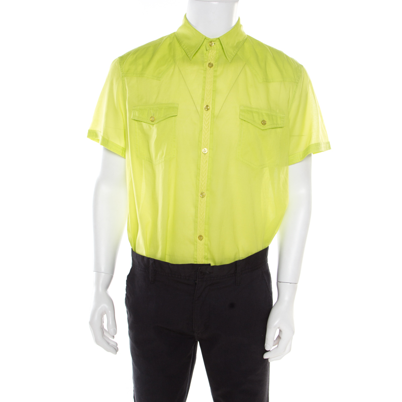 Image of Class by Roberto Cavalli Neon Green Cotton Button Front Shirt XXL