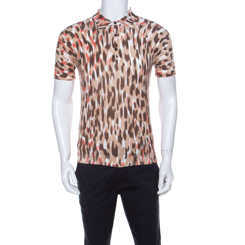 Image of Class by Roberto Cavalli Brown Ikkat Leopard Print Cotton Polo T-Shirt S