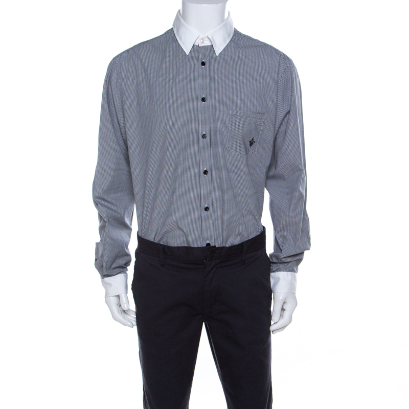 Image of Class by Roberto Cavalli Gingham Checked Cotton Contrast Collar Shirt XL