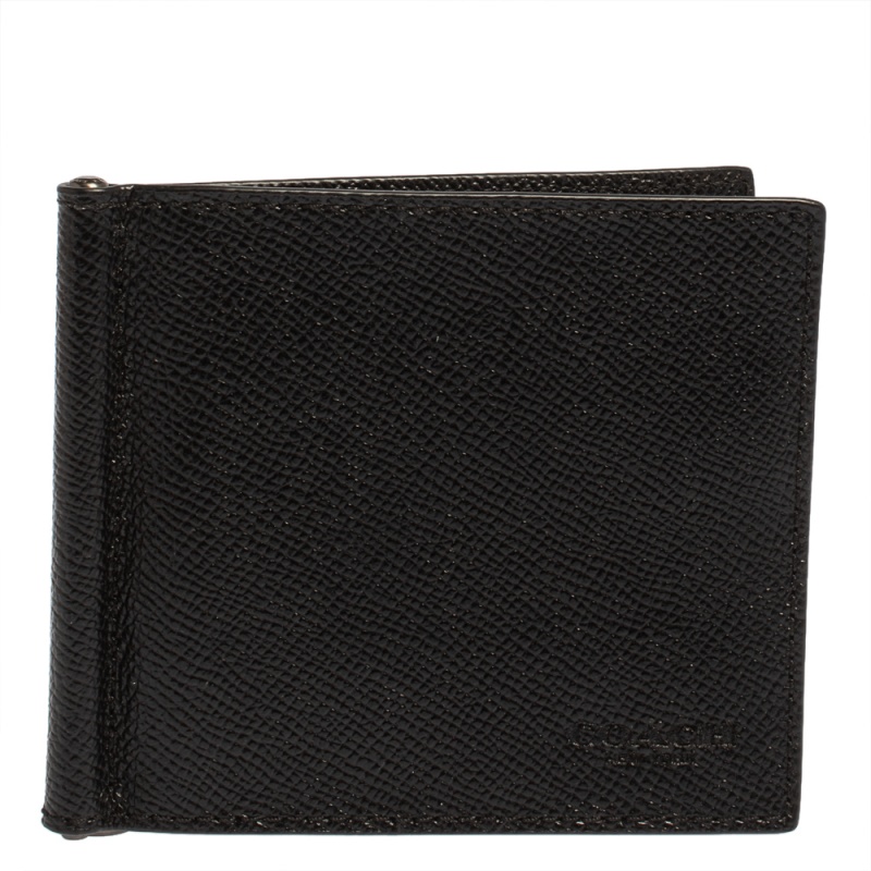 Coach Black Leather Money Clip Bifold Wallet