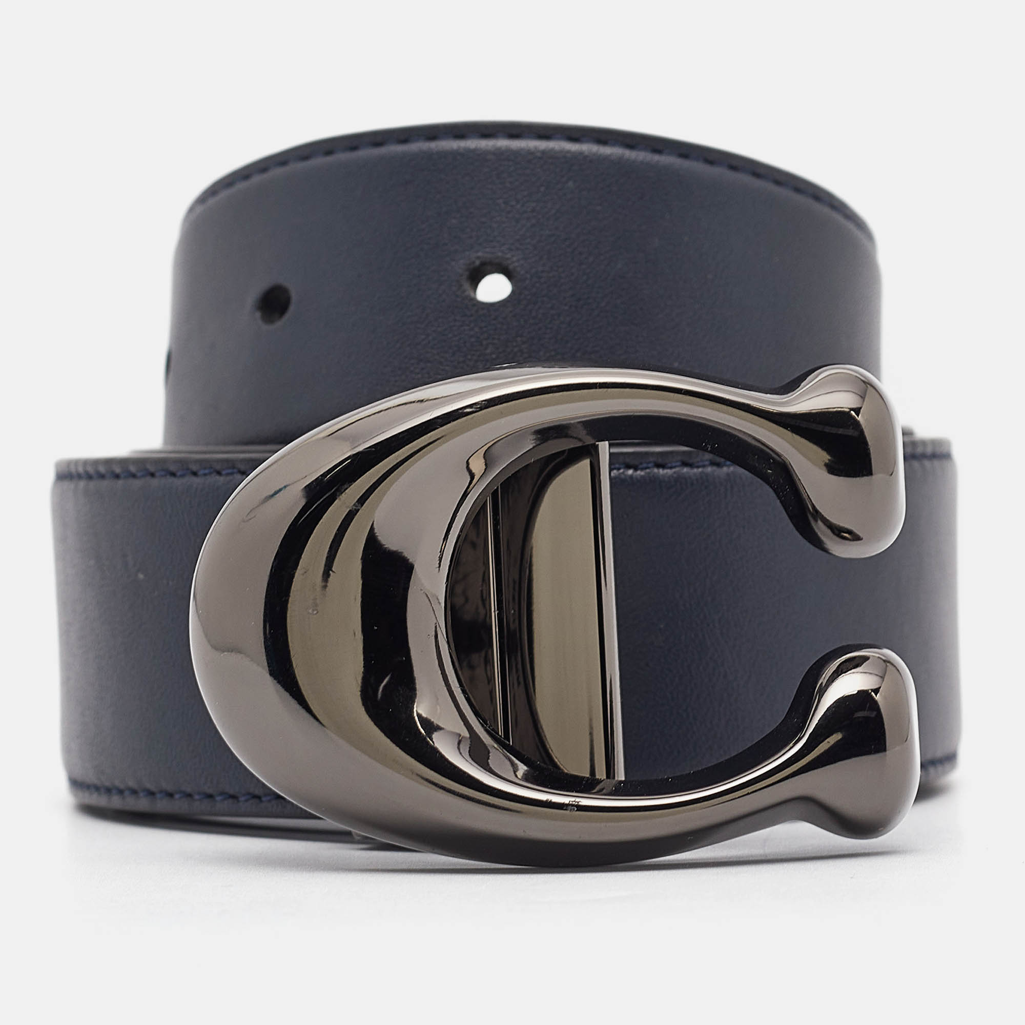 Coach Navy Blue/Black Leather Signature Buckle Reversible Cut To Size Belt