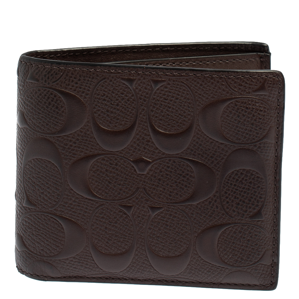 Coach Dark Brown Signature Leather ID Compact Bifold Wallet