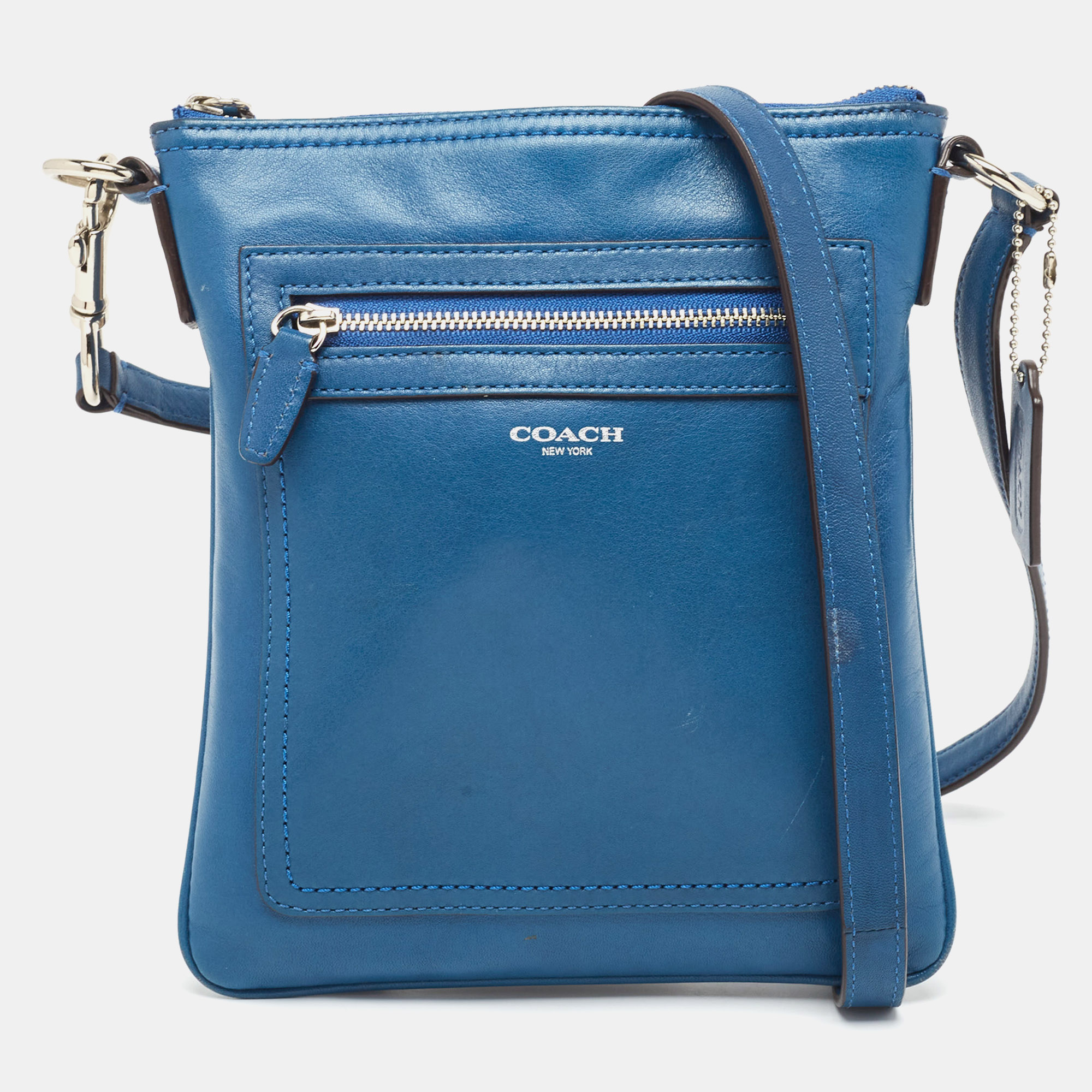 Coach Navy Blue Leather Front Pocket Slim Messenger Bag